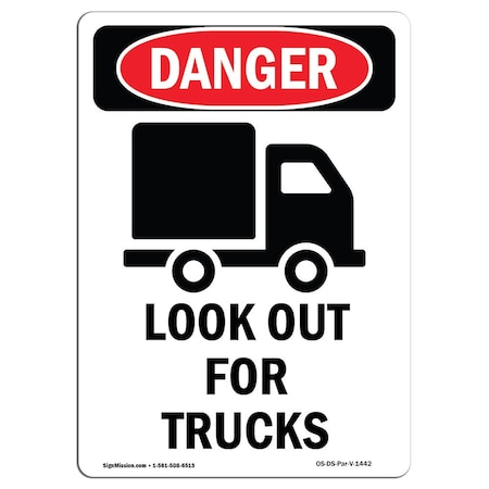 OSHA Danger Sign, Look Out For Trucks, 5in X 3.5in Decal